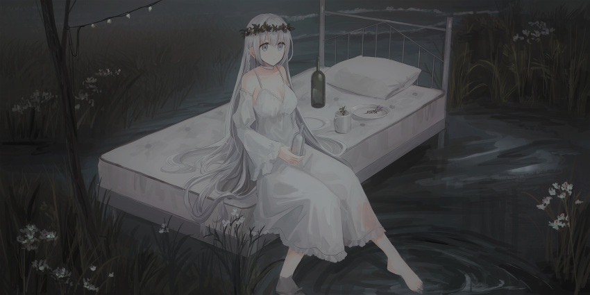 1girl bangs barefoot bed bottle chihuri choker closed_mouth cup detached_sleeves dress eba_(chihuri) eyebrows_visible_through_hair flower frilled_dress frills grey_eyes hair_between_eyes head_wreath highres holding holding_bottle juliet_sleeves long_hair long_sleeves looking_away mug on_bed original pillow plate puffy_sleeves silver_hair sitting sitting_on_bed sleeveless sleeveless_dress solo very_long_hair water white_choker white_dress white_flower white_sleeves wide_sleeves
