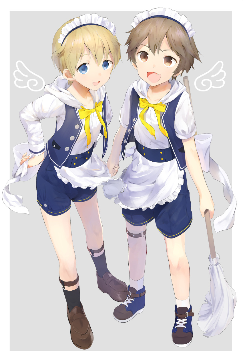 2boys absurdres alternate_costume apron black_legwear blonde_hair blue_eyes brown_eyes brown_hair cocolo_(co_co_lo) enmaided fang full_body highres loafers looking_at_viewer maid maid_headdress male_focus multiple_boys original ribbon shoes shorts skin_fang smile sneakers sock_garters socks waist_apron white_legwear