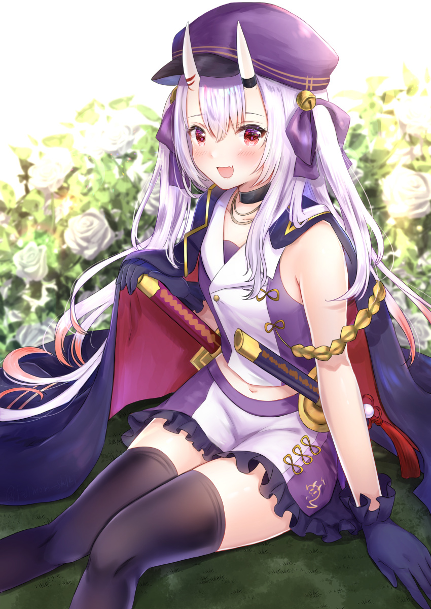 1girl absurdres azur_lane bell black_choker blue_gloves blue_legwear breasts cape choker collarbone commentary crossover fang fujimori_shiki gloves gradient_hair grass hair_bell hair_ornament hat highres hololive horns katana lavender_hair long_hair looking_at_viewer midriff multicolored_hair nakiri_ayame navel oni_horns open_mouth outdoors red_eyes sheath sheathed sitting skin_fang sleeveless small_breasts smile solo sword thigh-highs two_side_up virtual_youtuber weapon