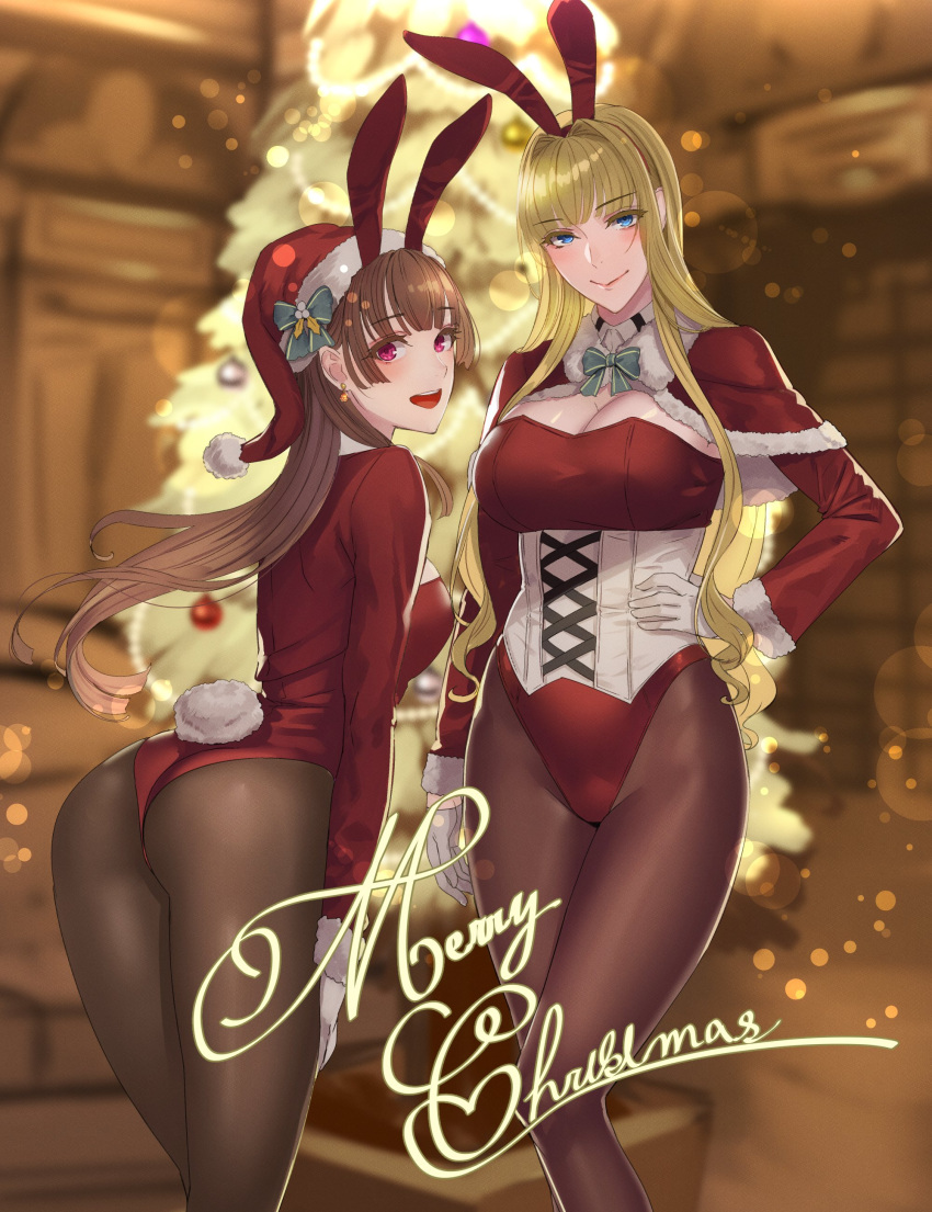 2girls absurdres animal_ears ass blonde_hair blue_eyes blurry blurry_background blush bow breasts brown_hair bunny_tail bunnysuit capelet christmas_ornaments christmas_tree closed_mouth commentary_request daglasses earrings fake_animal_ears fur_trim gloves hand_on_hip hat highleg highleg_leotard highres indoors jewelry leotard lips long_sleeves looking_at_viewer medium_breasts multiple_girls open_mouth original pantyhose pom_pom_(clothes) rabbit_ears red_leotard sakura_(daglasses) santa_hat shiny shiny_hair shiny_skin smile tail victoria_(daglasses) violet_eyes white_gloves