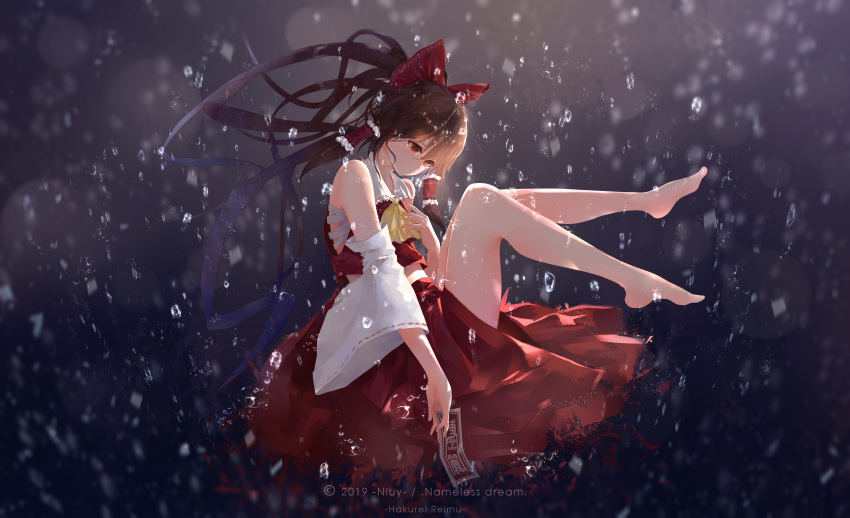 1girl 2019 absurdres artist_name ascot bare_legs bare_shoulders barefoot bow brown_hair character_name commentary_request detached_sleeves hair_bow hair_tubes hakurei_reimu highres holding long_hair long_sleeves niuy ofuda ponytail red_bow red_eyes red_skirt sarashi sidelocks skirt skirt_set solo thighs touhou water_drop wide_sleeves yellow_neckwear