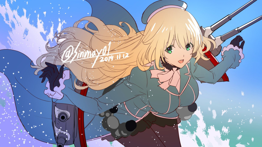 1girl atago_(kantai_collection) bangs beret black_gloves black_legwear black_skirt blonde_hair blue_headwear blue_sky breasts clouds cloudy_sky commentary dated day dutch_angle gloves green_eyes hat highres kantai_collection large_breasts leaning_forward light_particles long_hair long_sleeves looking_at_viewer military military_uniform miniskirt neck_ribbon ocean open_mouth outdoors outstretched_arms pantyhose ribbon rigging shinmai_(kyata) skirt sky smile solo splashing spread_arms standing standing_on_one_leg twitter_username uniform white_neckwear