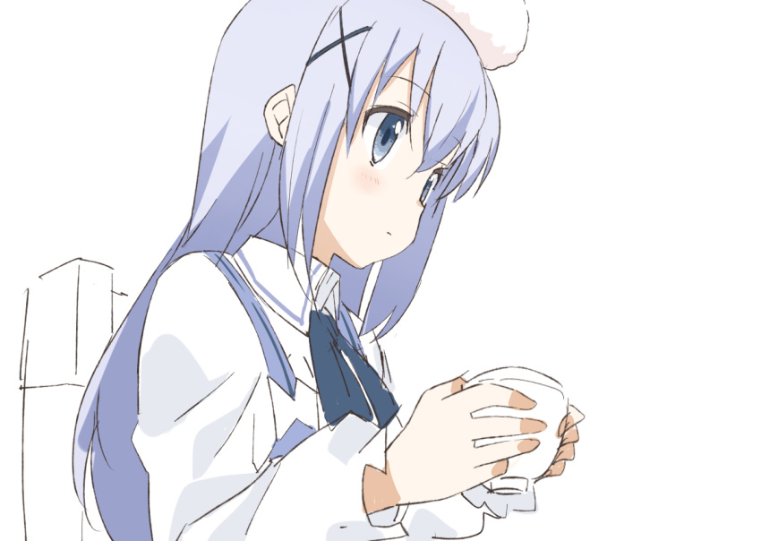 1girl bangs blue_eyes blue_neckwear blue_vest chair closed_mouth collared_shirt cup drink expressionless eyebrows_visible_through_hair from_side gochuumon_wa_usagi_desu_ka? hair_between_eyes hair_ornament hands_up hibiglasses holding holding_cup kafuu_chino light_blue_hair long_hair long_sleeves looking_away navy_blue_neckwear neck_ribbon negative_space out_of_frame partially_colored rabbit_house_uniform ribbon shirt sidelocks simple_background sitting solo tareme teacup tippy_(gochiusa) upper_body vest white_background white_shirt wing_collar x_hair_ornament