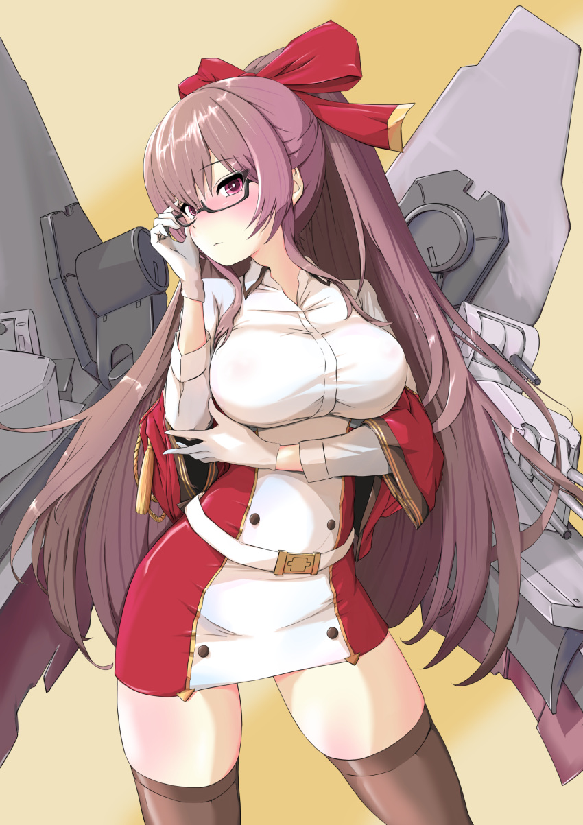 1girl absurdres aiguillette azur_lane belt blush brown_legwear commentary_request cowboy_shot cropped_jacket dress glasses gloves hair_ribbon highres jacket long_hair looking_at_viewer multicolored multicolored_clothes multicolored_dress off_shoulder p.i.t.d red_jacket red_ribbon ribbon semi-rimless_eyewear shirt sidelocks skindentation swiftsure_(azur_lane) thigh-highs white_gloves white_shirt