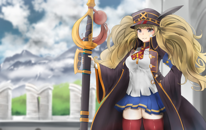 1girl absurdres bandaid bandaid_on_face black_legwear blonde_hair blurry blurry_background braco clouds cloudy_sky coat cowboy_shot day granblue_fantasy grey_eyes hand_on_hip hat hat_feather highres long_hair long_sleeves monica_weisswind mountain parted_lips sheath sheathed skindentation sky solo standing thigh-highs twintails wide_sleeves