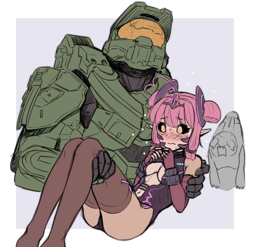 1boy 1girl ahoge armor bangs black_sclera blush breasts carrying closed_mouth danielle_brindle elbow_gloves english_commentary fingerless_gloves gloves hair_ornament halo_(game) helmet highres master_chief navel personification pink_hair pointy_ears princess_carry thigh-highs