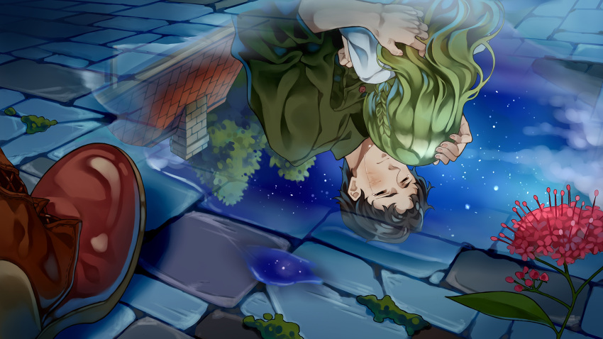 1boy 1girl black_hair braid character_request cheese_kang closed_eyes closed_mouth crying flower green_hair green_shirt hand_on_another's_head highres house hug pavement pocket puddle reflection reflective_water shirt shoes sky standing star_(sky) starry_sky tears tree upside-down violet_evergarden water white_shirt