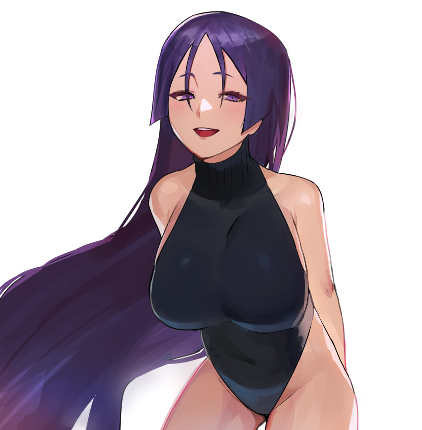 1girl absurdres alternate_costume bangs bare_arms bare_shoulders black_swimsuit blush breasts covered_navel cowboy_shot english_commentary eyelashes fate/grand_order fate_(series) hair_over_eyes highleg highleg_swimsuit highres hood_(james_x) large_breasts long_hair looking_at_viewer minamoto_no_raikou_(fate/grand_order) navel one-piece_swimsuit open_mouth parted_bangs purple_hair shiny shiny_clothes short_eyebrows simple_background skin_tight solo swimsuit very_long_hair violet_eyes white_background