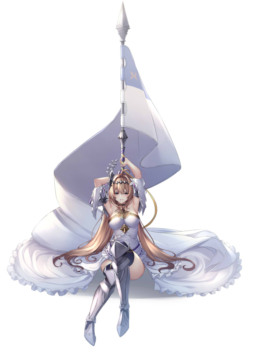1girl absurdres armor armpits arms_up bangs bare_shoulders blonde_hair blue_eyes blush breasts circlet collarbone dress full_body granblue_fantasy greaves hair_between_eyes hair_ornament highres holding jeanne_d'arc_(granblue_fantasy) large_breasts long_hair looking_at_viewer medium_breasts simple_background sitting smile solo standard_bearer thigh-highs very_long_hair white_background white_dress ym_(distance819)