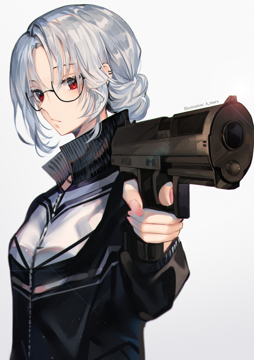 1girl absurdres bangs black_jacket ear_piercing glasses grey_hair gun handgun highres holding holding_gun holding_weapon huge_filesize jacket looking_at_viewer original piercing pointy_nose red_eyes short_hair silver_hair simple_background solo unity_(ekvmsp02) weapon white_background