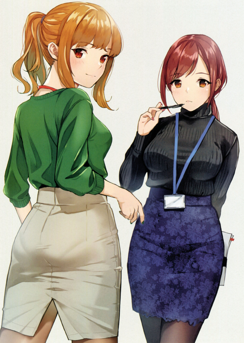 2girls absurdres arm_behind_back ass bangs black_legwear black_sweater blue_skirt blush closed_mouth cowboy_shot doushimasho eyebrows_visible_through_hair floral_print green_shirt grey_skirt high-waist_skirt highres holding holding_pen id_card long_hair long_sleeves looking_at_viewer looking_back low_ponytail medium_hair mole mole_under_mouth multiple_girls office_lady orange_eyes orange_hair original pantyhose pantylines pen pen_to_mouth ponytail print_skirt redhead scan shirt sidelocks skirt smile sweater swept_bangs