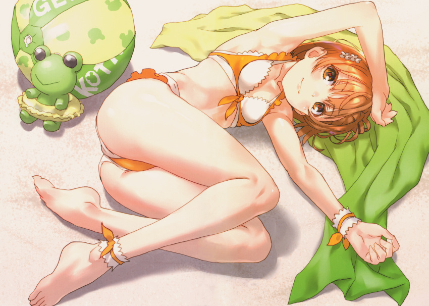 1girl absurdres ankle_scrunchie ball barefoot beachball bikini blush breasts brown_eyes brown_hair collarbone flower from_above full_body grin hair_flower hair_ornament highres huge_filesize looking_at_viewer lying misaka_mikoto navel on_side orange_bikini raika9 sand scan scrunchie short_hair side-tie_bikini small_breasts smile solo swimsuit to_aru_kagaku_no_railgun to_aru_majutsu_no_index wrist_scrunchie