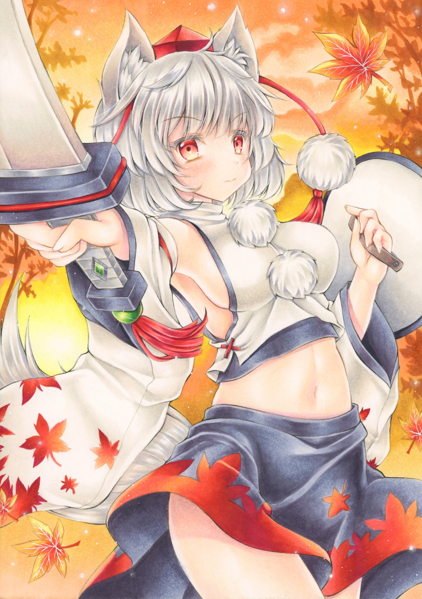 1girl absurdres animal_ears autumn_leaves black_skirt breasts commentary_request detached_sleeves eyebrows_visible_through_hair graphite_(medium) hat highres holding holding_shield holding_sword holding_weapon inubashiri_momiji leaf leaf_print looking_at_viewer maple_leaf maple_leaf_print medium_breasts multicolored multicolored_clothes multicolored_skirt navel nekofish666 pom_pom_(clothes) red_eyes shield shirt short_hair sideboob silver_hair skirt sleeveless sleeveless_shirt solo sword tokin_hat touhou traditional_media turtleneck weapon white_shirt wide_sleeves wolf_ears