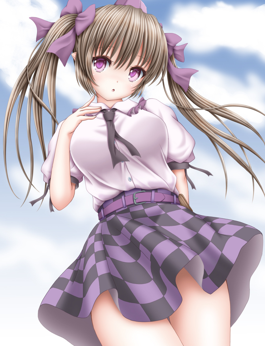 1girl :o akino_irori arm_behind_back arm_up belt black_neckwear blue_sky breasts brown_hair checkered checkered_skirt clouds commentary_request contrapposto cowboy_shot day dutch_angle from_below hair_ribbon hand_on_own_chest hat head_tilt highres himekaidou_hatate large_breasts looking_at_viewer neck_ribbon outdoors partial_commentary puffy_short_sleeves puffy_sleeves purple_headwear ribbon shirt short_hair short_sleeves skirt sky solo standing tokin_hat touhou twintails violet_eyes white_shirt