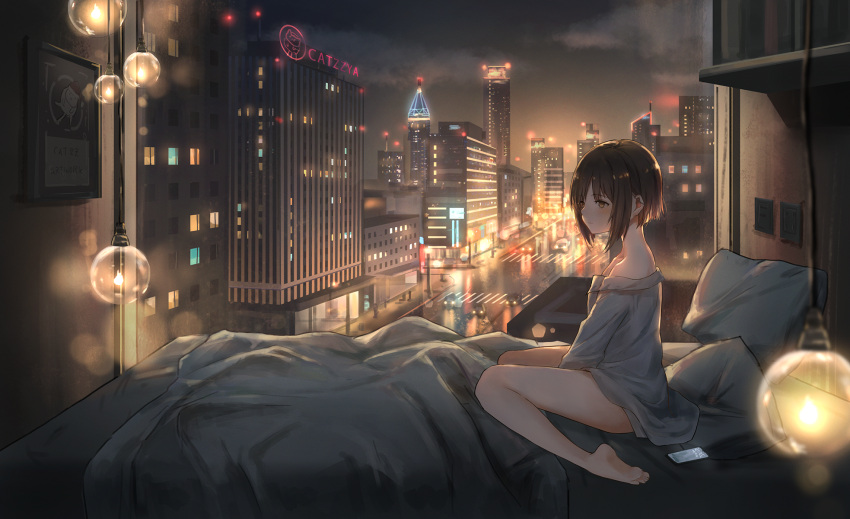 1girl bare_shoulders barefoot bed black_hair blurry brown_eyes building car catzz city cityscape clouds commentary_request crosswalk grey_shirt ground_vehicle highres indoors light_bulb long_sleeves looking_away motor_vehicle naked_shirt night off_shoulder on_bed original pillow road shirt short_hair sidelocks sitting skyscraper solo thighs wide_shot