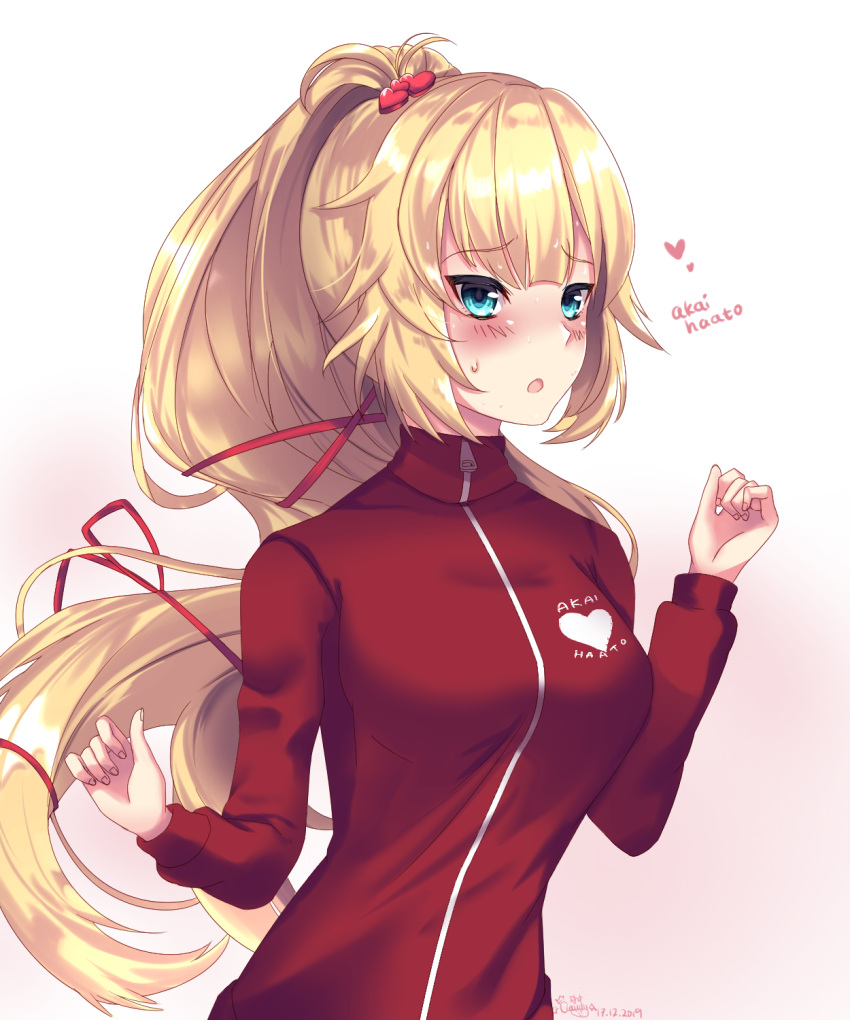 1girl akai_haato blonde_hair blue_eyes blush breasts character_name claudy_(cookieayon) commentary_request dated gradient gradient_background hair_ribbon heart highres hololive jogging long_hair long_ponytail looking_at_viewer medium_breasts open_mouth ponytail red_ribbon ribbon signature solo sweatdrop track_suit upper_body very_long_hair virtual_youtuber zipper