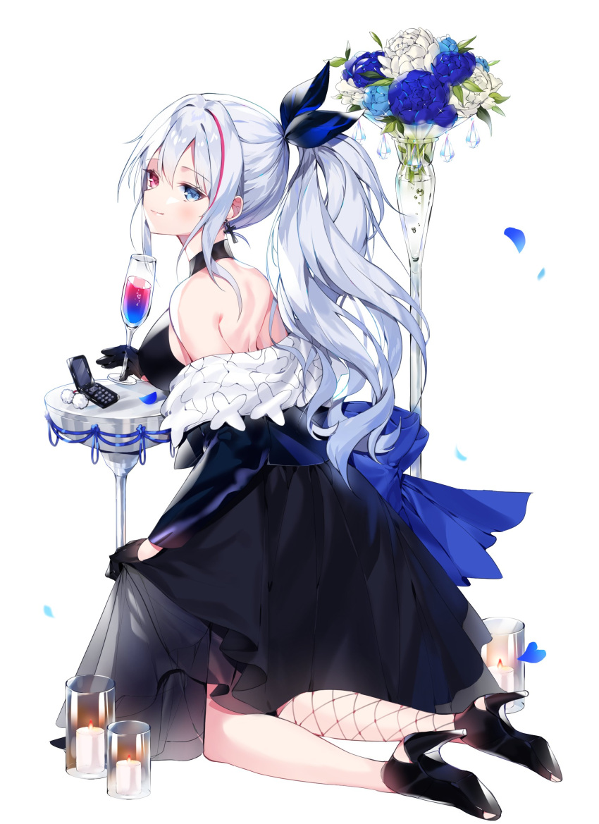 1girl absurdres black_dress black_gloves black_legwear blue_bow blue_eyes blue_jacket blush bow candle cellphone cho_yeon26 cocktail cocktail_glass cross cross_earrings cup dress drinking_glass earrings fishnet_legwear fishnets flip_phone flower full_body girls_frontline gloves grey_hair hair_bow heterochromia high_heels highres jacket jewelry long_hair mdr_(girls_frontline) multicolored_hair off_shoulder open_toe_shoes phone pink_eyes pink_hair ponytail side_ponytail single_leg_pantyhose smile solo