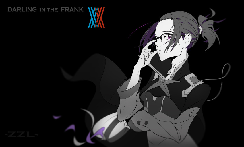 1girl absurdres arm_up artist_name black_background copyright_name darling_in_the_franxx glasses hair_ornament highres ikuno_(darling_in_the_franxx) jacket logo long_hair long_sleeves looking_at_viewer monochrome parted_lips ponytail purple_hair sidelocks simple_background solo uniform upper_body violet_eyes zzl