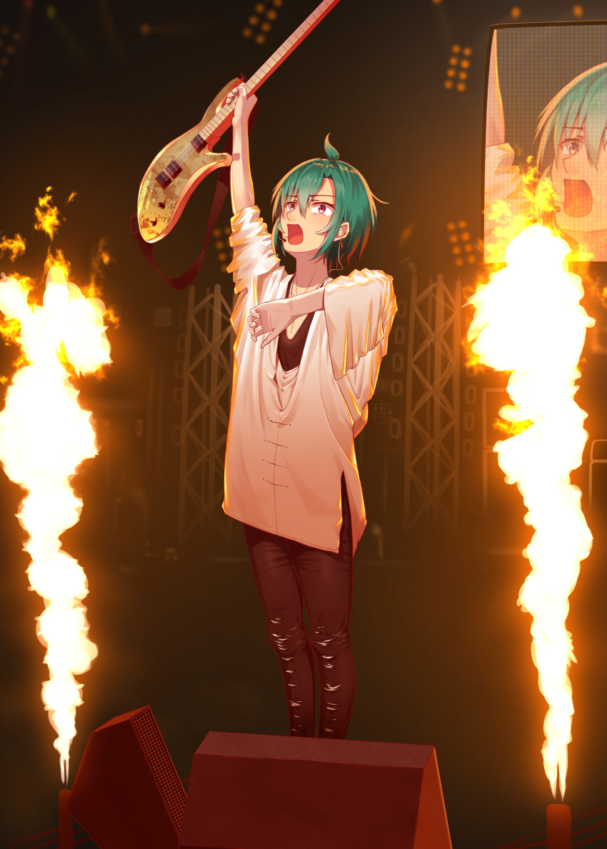 1other :o absurdres ahoge androgynous black_legwear earrings fire flame green_hair guitar guitaro_(yabasaki_taro) headset highres holding holding_instrument indoors instrument jewelry necklace nijisanji red_earrings ryuushen short_hair solo speaker stage violet_eyes virtual_youtuber wide_sleeves