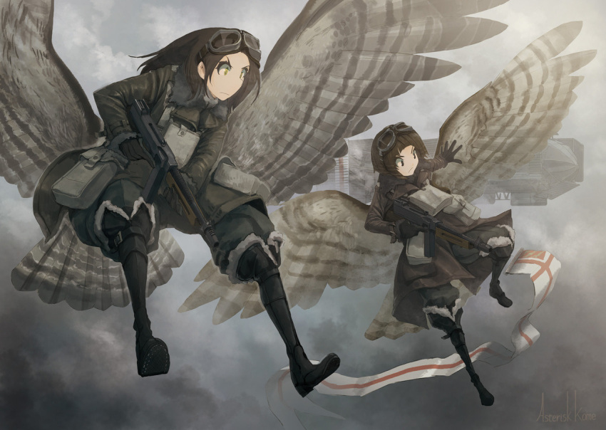 2girls aircraft artist_name asterisk_kome bird_wings black_coat black_eyes black_footwear black_gloves black_hair boots closed_mouth clouds day dirigible flying fog frown gloves goggles goggles_on_head grey_pants grey_sky gun holding holding_gun holding_weapon jacket knee_boots leather leather_jacket long_hair long_sleeves looking_to_the_side low_wings machine_gun multiple_girls pants parachute pennant pouch short_hair trigger_discipline weapon weapon_request winged_fusiliers wings yellow_eyes