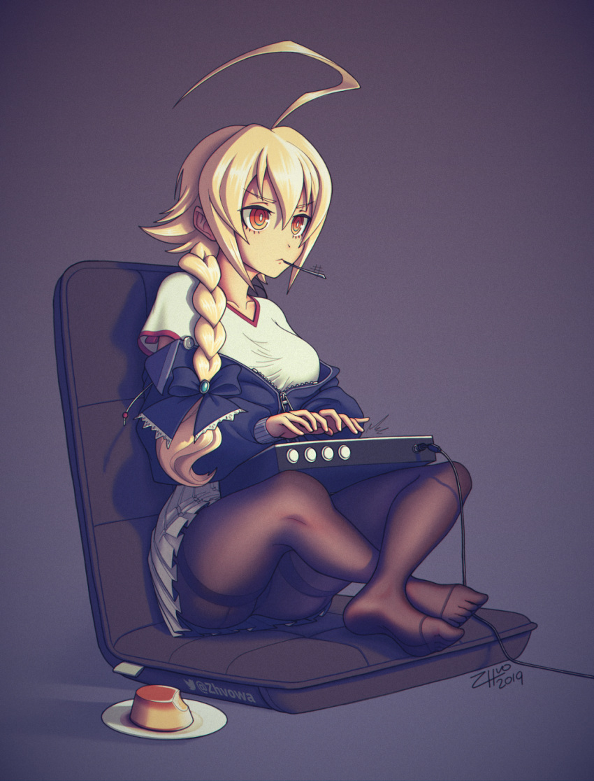 1girl 2019 :&lt; ahoge arcade_stick black_bow blazblue blonde_hair bow braid breasts brown_legwear casual chair commission controller es_(xblaze) food full_body game_controller hair_bow hair_over_shoulder high-waist_skirt highres huge_ahoge indian_style joystick large_breasts long_braid off-shoulder_sweater off_shoulder orange_eyes panties pantyhose pantyshot pantyshot_(sitting) playing_games pleated_skirt pudding ringed_eyes serious shirt single_braid sitting skirt solo spoon_in_mouth sweater t-shirt taut_clothes taut_shirt thighband_pantyhose toes twitter_username underwear xblaze zhvo