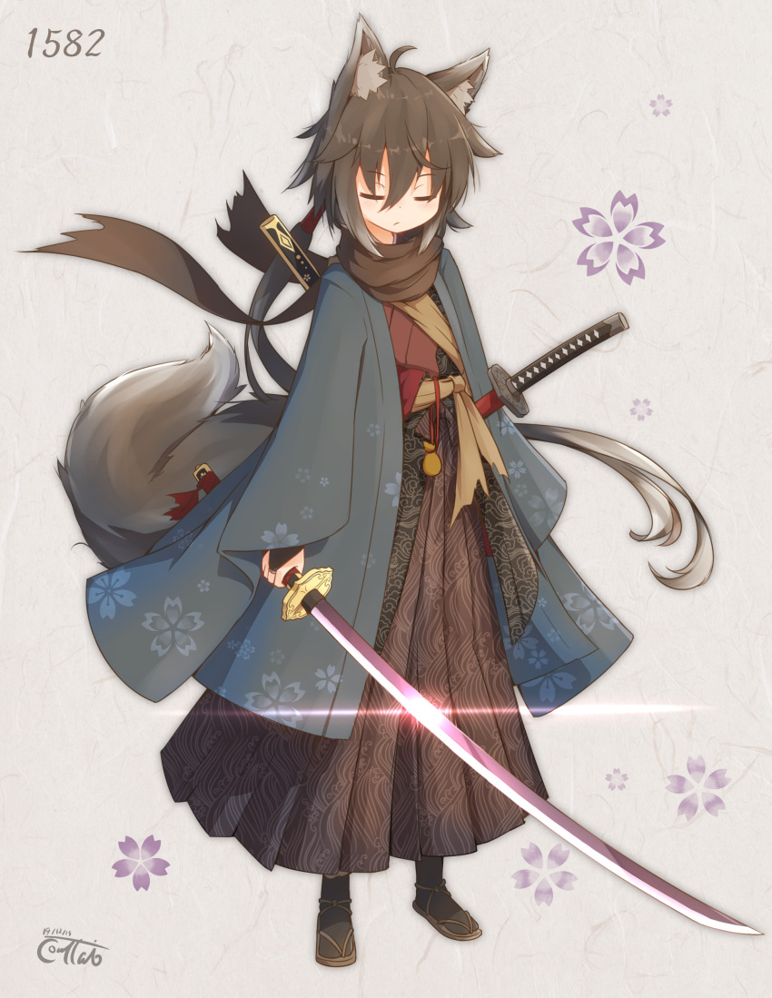 1girl absurdres ahoge animal_ear_fluff animal_ears bangs black_hair black_legwear black_scarf bridal_gauntlets brown_footwear brown_hakama brown_kimono cherry_blossom_print coreytaiyo dated eyebrows_visible_through_hair floral_background floral_print fox_ears fox_girl fox_tail full_body gradient_hair grey_background grey_hair hair_between_eyes hakama highres holding holding_sword holding_weapon japanese_clothes katana kimono long_hair long_sleeves low_ponytail multicolored_hair open_clothes original ponytail samurai scarf sheath sheathed signature solo standing sword tail torn_scarf very_long_hair weapon wide_sleeves