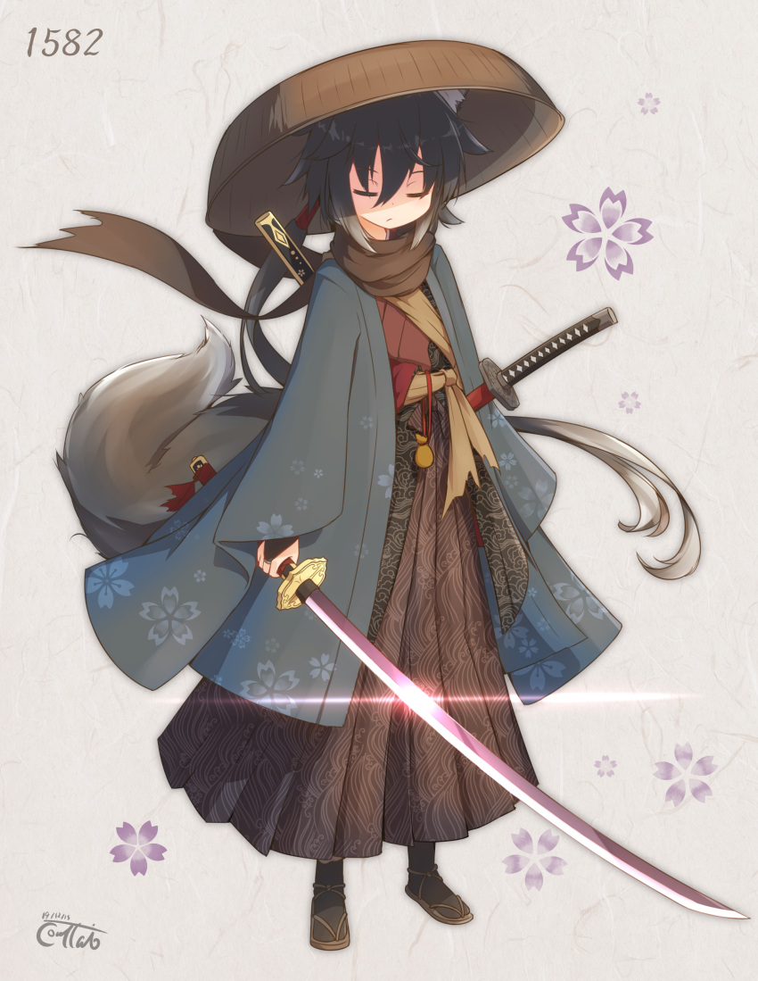 1girl absurdres animal_ear_fluff animal_ears bangs black_hair black_legwear black_scarf bridal_gauntlets brown_footwear brown_hakama brown_headwear brown_kimono cherry_blossom_print closed_eyes closed_mouth coreytaiyo dated eyebrows_visible_through_hair floral_background floral_print fox_ears fox_girl fox_tail full_body gradient_hair grey_background grey_hair hair_between_eyes hakama hat highres holding holding_sword holding_weapon japanese_clothes katana kimono long_hair long_sleeves low_ponytail multicolored_hair open_clothes original ponytail samurai sandogasa scarf sheath sheathed signature solo standing sword tail torn_scarf very_long_hair weapon wide_sleeves