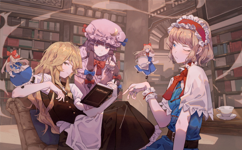 5girls alice_margatroid apron bangs belt black_belt black_skirt black_vest blonde_hair blue_bow blue_dress blue_eyes blue_ribbon blunt_bangs blush book bookshelf bow bowtie capelet chair commentary_request dress eyebrows_visible_through_hair frilled_hairband frills hair_bow hairband hand_up hat hat_ribbon holding holding_book indoors kirisame_marisa lolita_hairband long_hair looking_at_viewer maachi_(fsam4547) mob_cap multiple_girls no_hat no_headwear one_eye_closed patchouli_knowledge petticoat puffy_short_sleeves puffy_sleeves purple_dress purple_hair purple_headwear railing red_bow red_hairband red_ribbon ribbon shanghai_doll shirt short_hair short_sleeves sidelocks skirt skirt_set smile table touhou vest violet_eyes waist_apron white_apron white_capelet white_shirt wrist_cuffs yellow_eyes