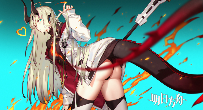 1girl absurdres ahoge arknights ass black_panties black_sweater blonde_hair blue_background chinese_commentary closed_mouth commentary_request fire gradient gradient_background green_eyes hand_up heart highres holding holding_weapon horns jacket long_hair looking_at_viewer one_eye_closed open_clothes open_jacket panties polearm q9q reed_(arknights) solo sweater tail thigh-highs underwear weapon white_jacket