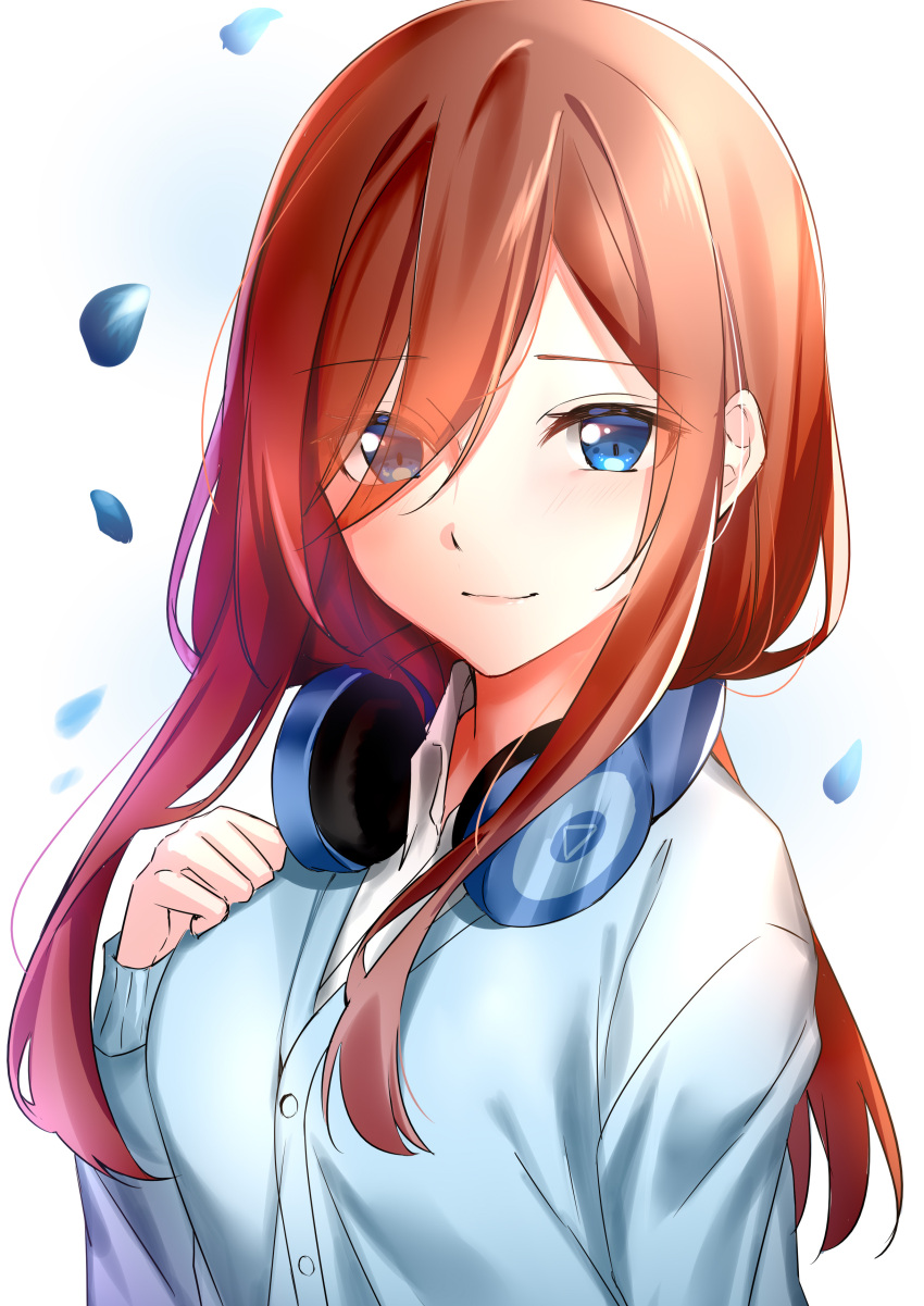 1girl absurdres bangs blue_cardigan blue_eyes blush breasts brown_hair cardigan closed_mouth collared_shirt commentary_request dress_shirt eyebrows_visible_through_hair eyes_visible_through_hair go-toubun_no_hanayome hair_over_one_eye hand_up headphones headphones_around_neck highres light_smile long_hair long_sleeves looking_at_viewer medium_breasts nakano_miku petals rukinya_(nyanko_mogumogu) shirt simple_background sleeves_past_wrists solo upper_body white_background white_shirt
