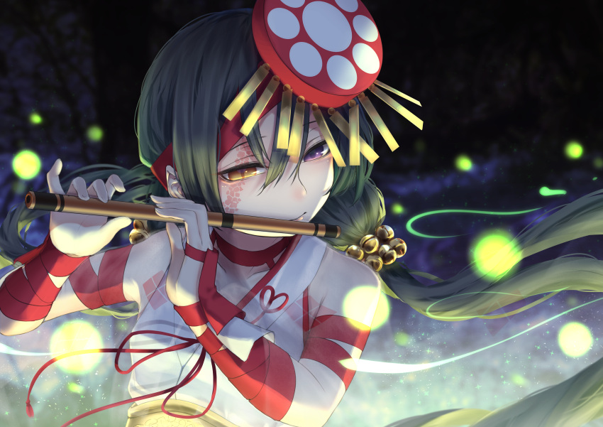 1girl absurdres black_hair fate/grand_order fate_(series) fireflies flute heterochromia highres huge_filesize instrument japanese_clothes long_hair low_twintails miko mochizuki_chiyome_(fate/grand_order) music playing_instrument red_eyes sleeveless slit_pupils twintails violet_eyes yuurei447