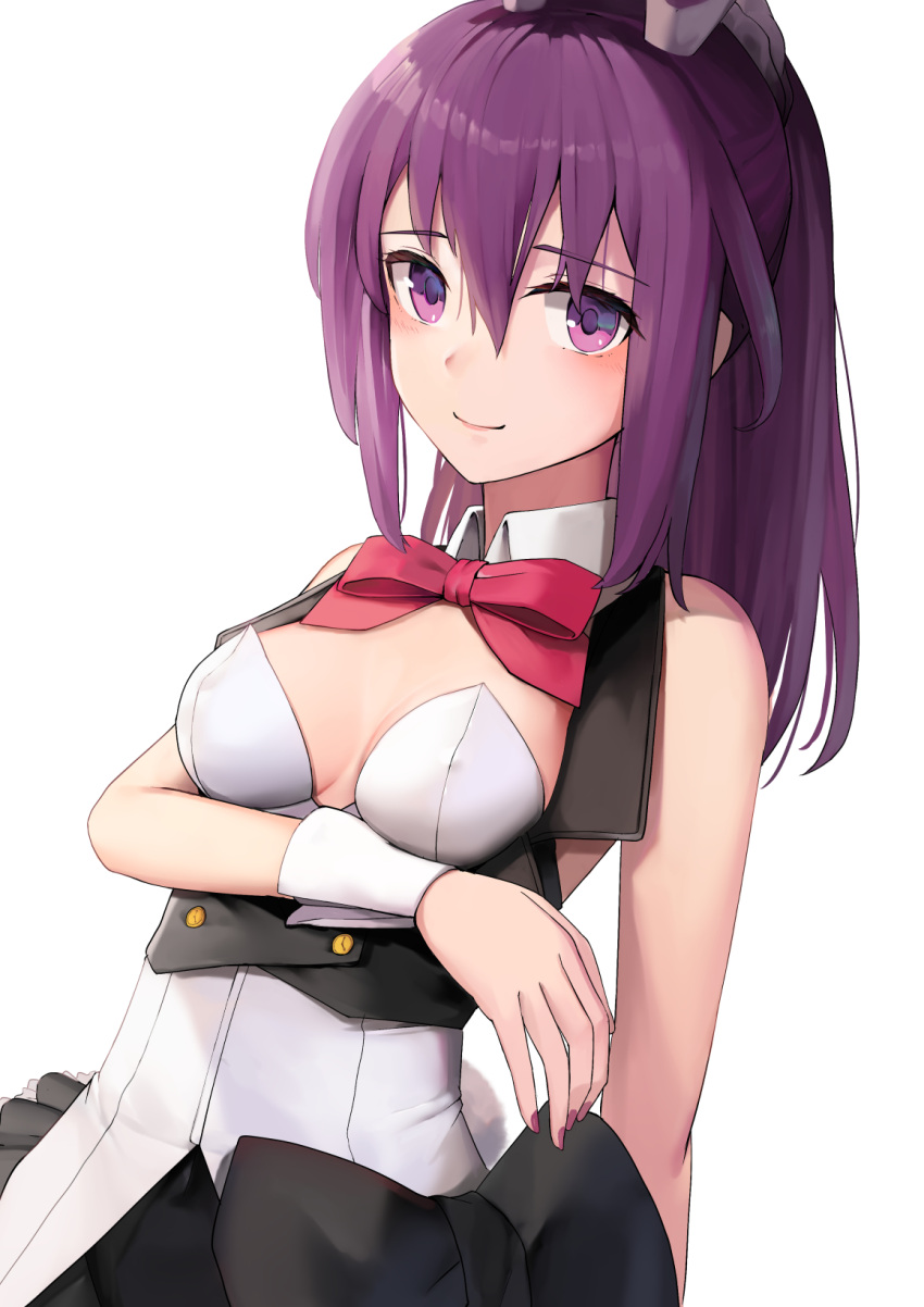 1girl alice_gear_aegis animal_ears black_skirt breasts bunny_girl bunny_tail bunnysuit closed_mouth commentary_request highres looking_at_viewer nikotama_mai purple_hair purple_nails rabbit_ears red_neckwear skirt smile solo sunga2usagi tail violet_eyes white_background white_corset