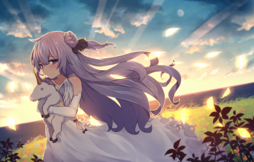 1girl azur_lane bangs bare_shoulders black_ribbon blue_sky blurry blurry_foreground blush closed_mouth clouds cloudy_sky collarbone commentary_request depth_of_field detached_sleeves dress eyebrows_visible_through_hair floating_hair flower hair_between_eyes hair_bun hair_ribbon long_hair long_sleeves looking_at_viewer object_hug one_side_up outdoors petals purple_hair red_flower ribbon shinopoko side_bun sky sleeves_past_wrists smile solo stuffed_alicorn stuffed_animal stuffed_toy sunset unicorn_(azur_lane) very_long_hair violet_eyes white_dress white_sleeves yellow_flower