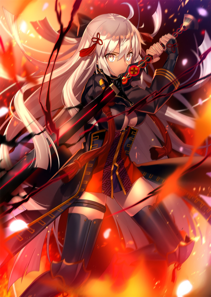 1girl ahoge arm_guards bangs black_bow black_coat bow breasts center_opening cleavage_cutout commentary_request dark_skin darkness dress eyebrows_visible_through_hair fate/grand_order fate_(series) fire flower_knot fuyuki_(neigedhiver) hair_bow high_collar highres holding holding_sword holding_weapon katana koha-ace large_breasts light_particles long_hair okita_souji_(alter)_(fate) okita_souji_(fate)_(all) red_dress serious solo sword tagme tassel thigh-highs tied_hair very_long_hair weapon white_eyes white_hair zettai_ryouiki