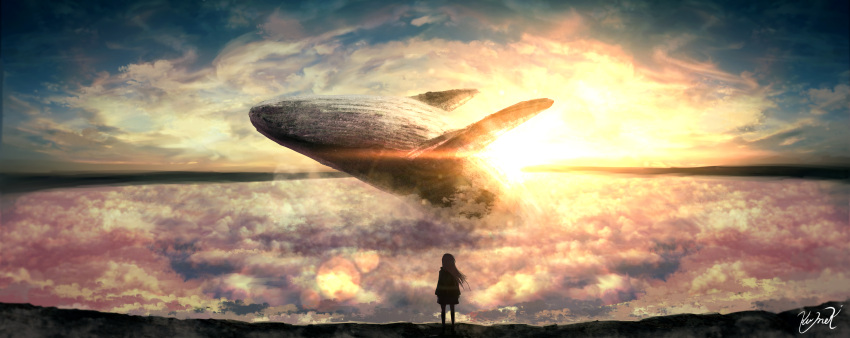 1girl absurdres backlighting blurry bokeh clouds cloudy_sky commentary dark depth_of_field fantasy from_behind highres horizon huge_filesize kumeki_(kk4615) lens_flare long_hair original scenery signature size_difference sky solo sunlight sunset water whale