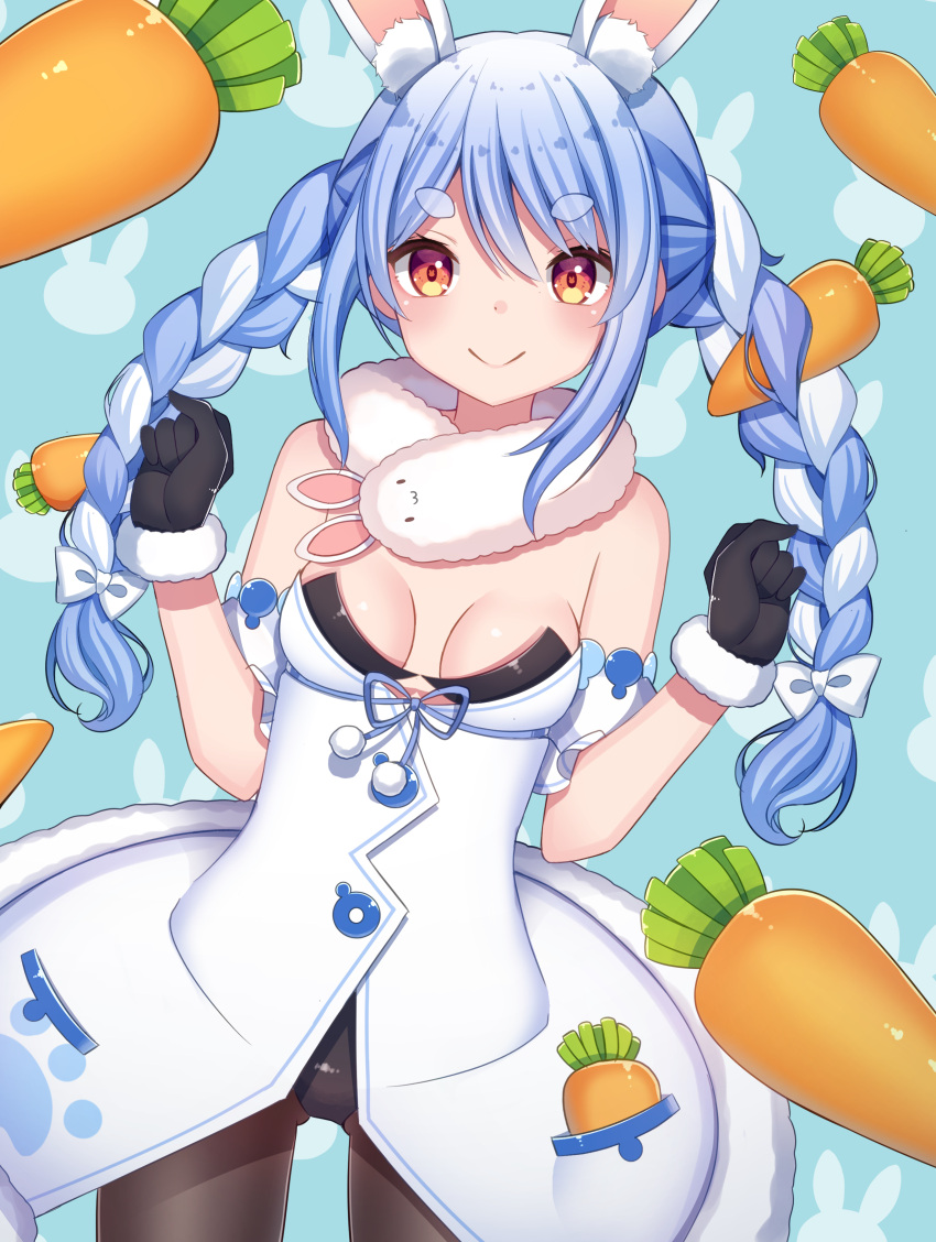 1girl absurdres animal_ear_fluff animal_ears bangs black_gloves black_leotard blue_background blue_hair braid breasts brown_eyes brown_legwear bunny-shaped_pupils carrot carrot_hair_ornament closed_mouth dress eyebrows_visible_through_hair food_themed_hair_ornament fur-trimmed_dress fur-trimmed_gloves fur_trim gloves hair_between_eyes hair_ornament hands_up highres hololive leotard leotard_under_clothes long_hair looking_at_viewer medium_breasts multicolored_hair pantyhose rabbit_ears sapphire_(sapphire25252) short_eyebrows smile solo strapless strapless_dress strapless_leotard symbol-shaped_pupils thick_eyebrows twin_braids two-tone_hair usada_pekora very_long_hair virtual_youtuber white_dress white_hair