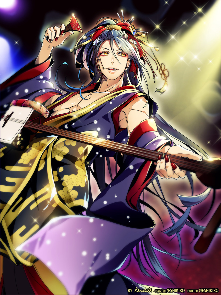 1boy arm_up armpits artist_name bangs black_hair detached_sleeves english_text eyeliner hair_ornament headdress highres holding holding_instrument instrument japanese_clothes jirou_tachi long_hair long_sleeves looking_to_the_side makeup male_focus music open_clothes open_mouth otoko_no_ko playing_instrument red_nails seklutz shamisen smile solo sparkle tassel teeth touken_ranbu wide_sleeves yellow_eyes