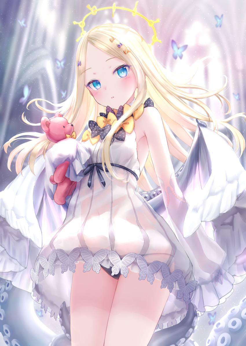 1girl abigail_williams_(fate/grand_order) adapted_costume bangs bare_shoulders black_bow black_panties blonde_hair blue_eyes blurry blurry_background blush bow breasts bug butterfly church_interior commentary_request depth_of_field detached_sleeves dress fate/grand_order fate_(series) feathered_wings forehead halo highres indoors insect kachayori long_hair long_sleeves looking_at_viewer object_hug orange_bow panties parted_bangs polka_dot polka_dot_bow sleeveless sleeveless_dress sleeves_past_fingers sleeves_past_wrists small_breasts solo stuffed_animal stuffed_toy teddy_bear underwear very_long_hair white_dress white_sleeves white_wings wings