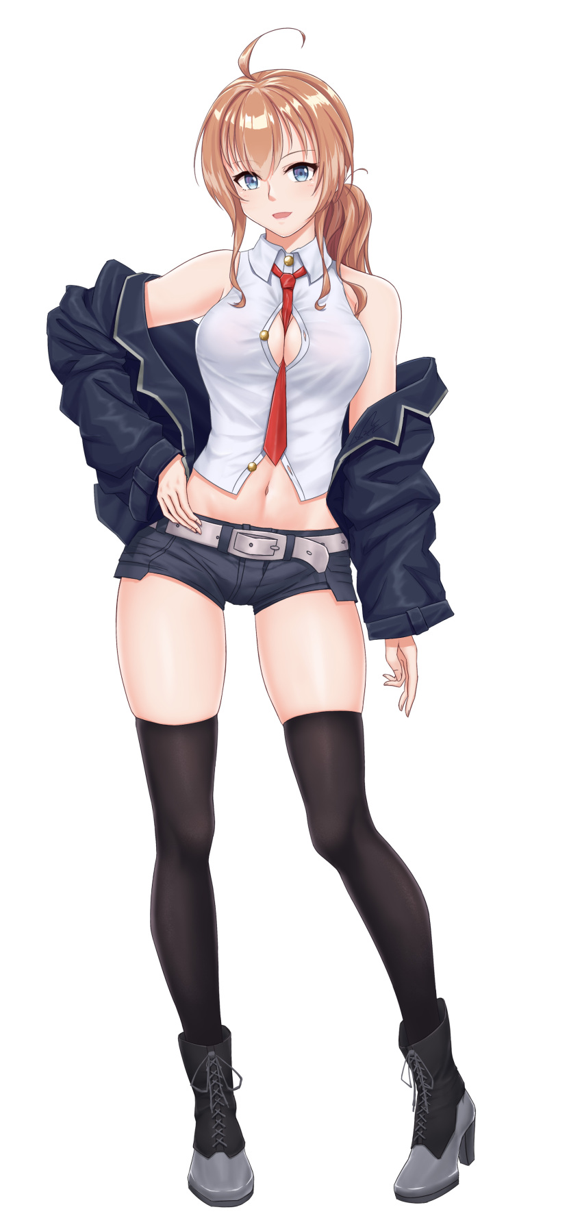 1girl absurdres ahoge bare_shoulders belt between_breasts black_footwear black_jacket black_legwear blue_eyes boots breasts button_gap collared_shirt cross-laced_footwear cutoffs full_body grey_belt high_heel_boots high_heels highres jacket lazgear medium_breasts midriff mogami_(warship_girls_r) navel necktie necktie_between_breasts off_shoulder open_clothes open_jacket orange_hair partially_unbuttoned red_neckwear shirt short_shorts shorts side_ponytail sleeveless sleeveless_shirt solo thigh-highs warship_girls_r white_shirt