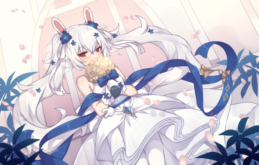 1girl animal_ears azur_lane bangs bare_shoulders blue_bow blue_flower blush bouquet bow brown_flower commentary covered_mouth dress dutch_angle english_commentary eyebrows_visible_through_hair flower gloves hair_between_eyes hair_flower hair_ornament holding holding_bouquet laffey_(azur_lane) laffey_(white_rabbit's_oath)_(azur_lane) long_hair looking_at_viewer petals rabbit_ears red_eyes shinopoko sleeveless sleeveless_dress solo twintails very_long_hair white_dress white_gloves white_hair window