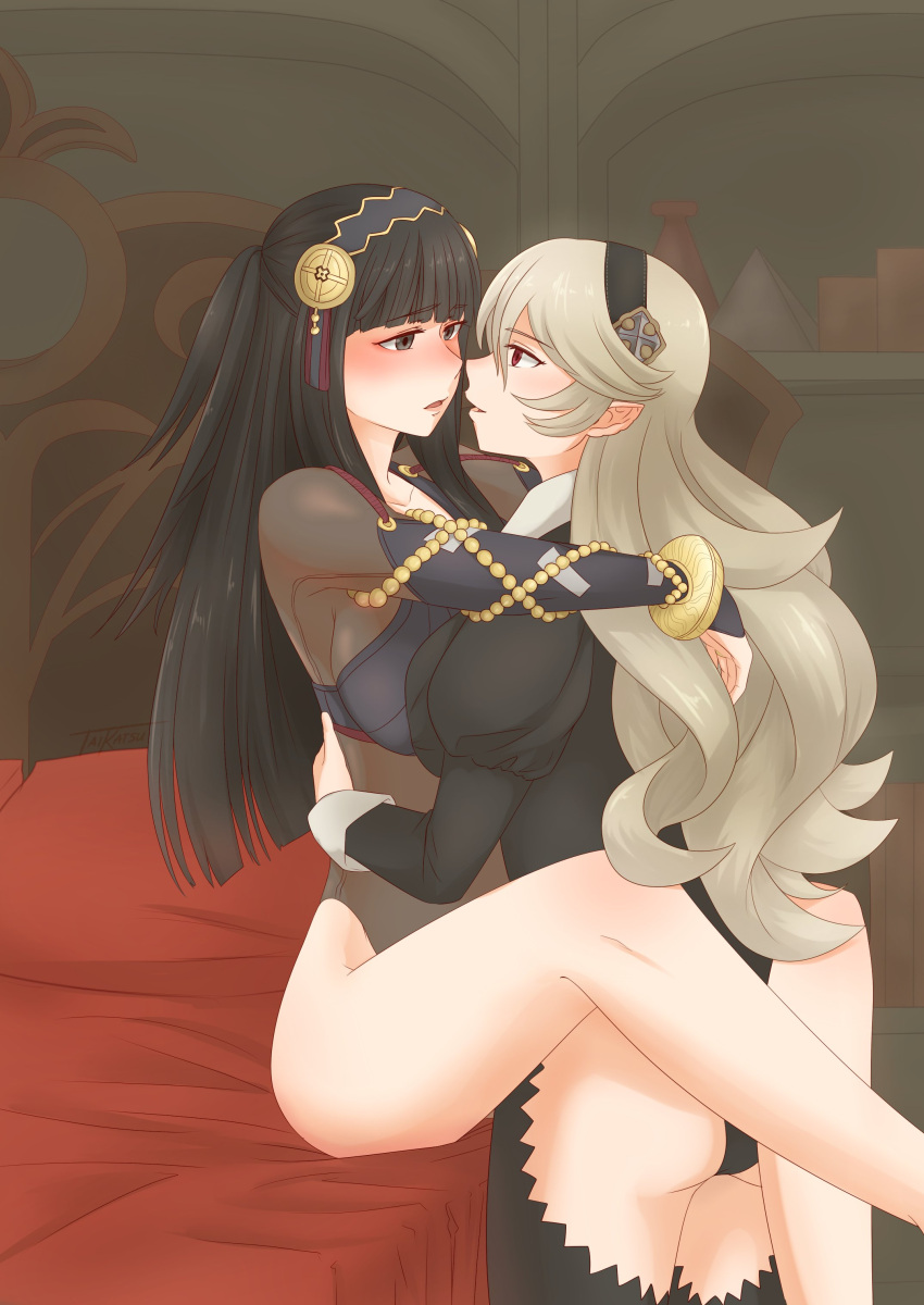 2girls absurdres ass bed black_hair blush corrin_(fire_emblem) corrin_(fire_emblem)_(female) eye_contact eyebrows_visible_through_hair fire_emblem fire_emblem_fates headband headdress highres hug imminent_kiss leg_wrap leotard long_hair looking_at_another multiple_girls open_mouth rhajat_(fire_emblem) silver_hair sitting straight_hair taikatsu wavy_hair yuri