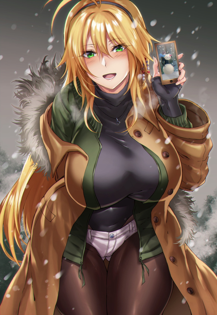 1girl :d antenna_hair black_legwear blonde_hair blush breasts cellphone cowboy_shot green_eyes highres hikari_(komitiookami) huge_breasts jacket jewelry leaning_forward leotard_under_clothes long_hair looking_at_viewer necklace open_clothes open_jacket open_mouth pantyhose phone short_shorts shorts smartphone smile snowing snowman solo tsurumaki_maki turtleneck_leotard very_long_hair voiceroid