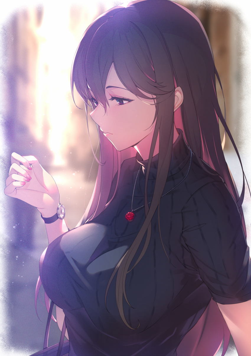 1girl bangs black_sweater blurry blurry_background breasts brown_hair closed_mouth expressionless flower flower_necklace granblue_fantasy hand_up highres jewelry kakage large_breasts long_hair looking_at_watch multicolored_hair nail_polish necklace pink_hair red_neckwear rosetta_(granblue_fantasy) short_sleeves solo solo_focus sunlight sweater turtleneck upper_body vignetting violet_eyes waiting watch
