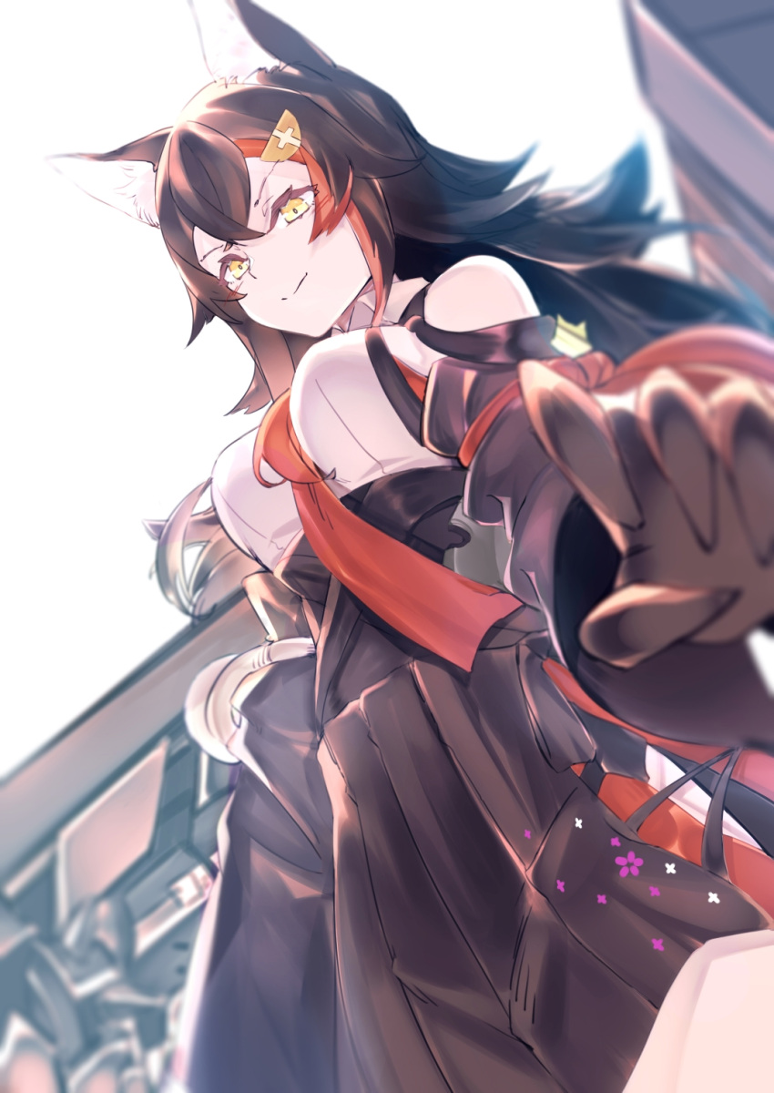 1girl animal_ear_fluff azur_lane bangs bare_shoulders black_gloves black_hair blurry closed_mouth collared_shirt crossed_bangs depth_of_field detached_sleeves from_below gloves hair_ornament hairclip highres hololive long_hair looking_at_viewer multicolored_hair necktie ookami_mio red_neckwear redhead shirt smile solo streaked_hair two-tone_hair very_long_hair virtual_youtuber white_background wide_sleeves wolf_girl yellow_eyes yonago_miko