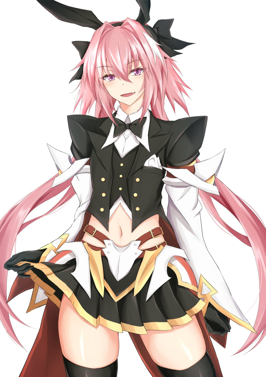 1boy :d animal_ears astolfo_(fate) bangs black_bow black_gloves black_hairband black_jacket black_legwear black_neckwear black_skirt blazer blush bow bowtie commentary_request cowboy_shot eyebrows_visible_through_hair fake_animal_ears fang fate/grand_order fate_(series) gloves hair_between_eyes hair_bow hair_intakes hairband highres jacket long_hair long_sleeves looking_at_viewer low_twintails male_focus midriff miniskirt navel open_mouth otoko_no_ko pink_hair piro_(iiiiiiiiii) pleated_skirt rabbit_ears simple_background skirt skirt_hold smile solo standing thigh-highs thighs twintails very_long_hair violet_eyes white_background white_hair wide_sleeves zettai_ryouiki