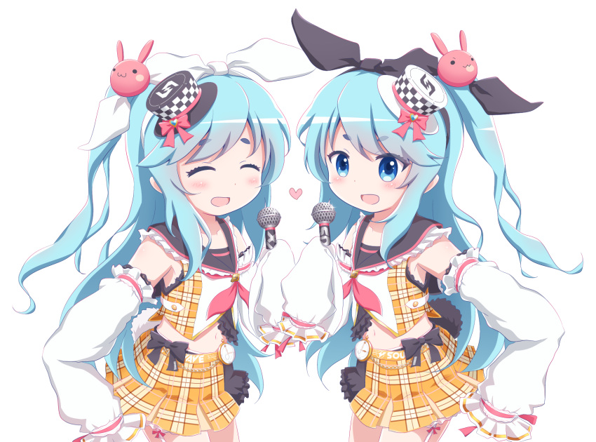 2girls :d ^_^ black_headwear black_ribbon black_sailor_collar blue_eyes blue_hair blush bunny_hair_ornament checkered checkered_hat closed_eyes commentary_request detached_sleeves glint goth_risuto hair_ornament hair_ribbon hat heart highres holding holding_microphone long_hair long_sleeves microphone midriff mini_hat multiple_girls navel near_(sound_voltex) neckerchief noah_(sound_voltex) one_side_up open_mouth orange_skirt plaid plaid_shirt plaid_skirt pleated_skirt pocket_watch red_neckwear ribbon sailor_collar shirt simple_background skirt sleeves_past_fingers sleeves_past_wrists smile sound_voltex tilted_headwear very_long_hair watch white_background white_headwear white_ribbon white_shirt white_sleeves
