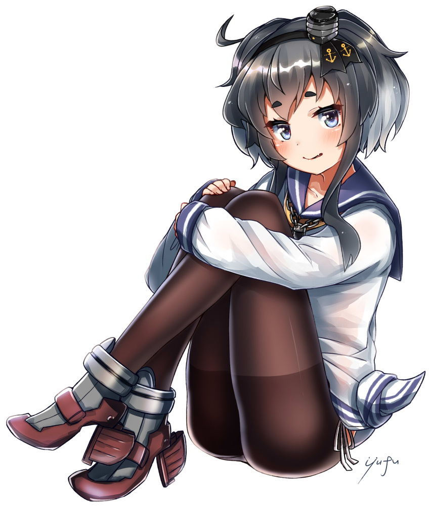 1girl artist_name black_hair black_legwear brown_eyes commentary_request dress fang full_body hat headgear highres kantai_collection leg_hug looking_at_viewer lowleg_pantyhose mini_hat multicolored_hair panties pantyhose red_footwear rudder_footwear sailor_dress shirt short_hair short_hair_with_long_locks side-tie_panties sidelocks signature simple_background sitting skin_fang solo thick_eyebrows tied_shirt tokitsukaze_(kantai_collection) underwear white_background white_panties yufuissei0702