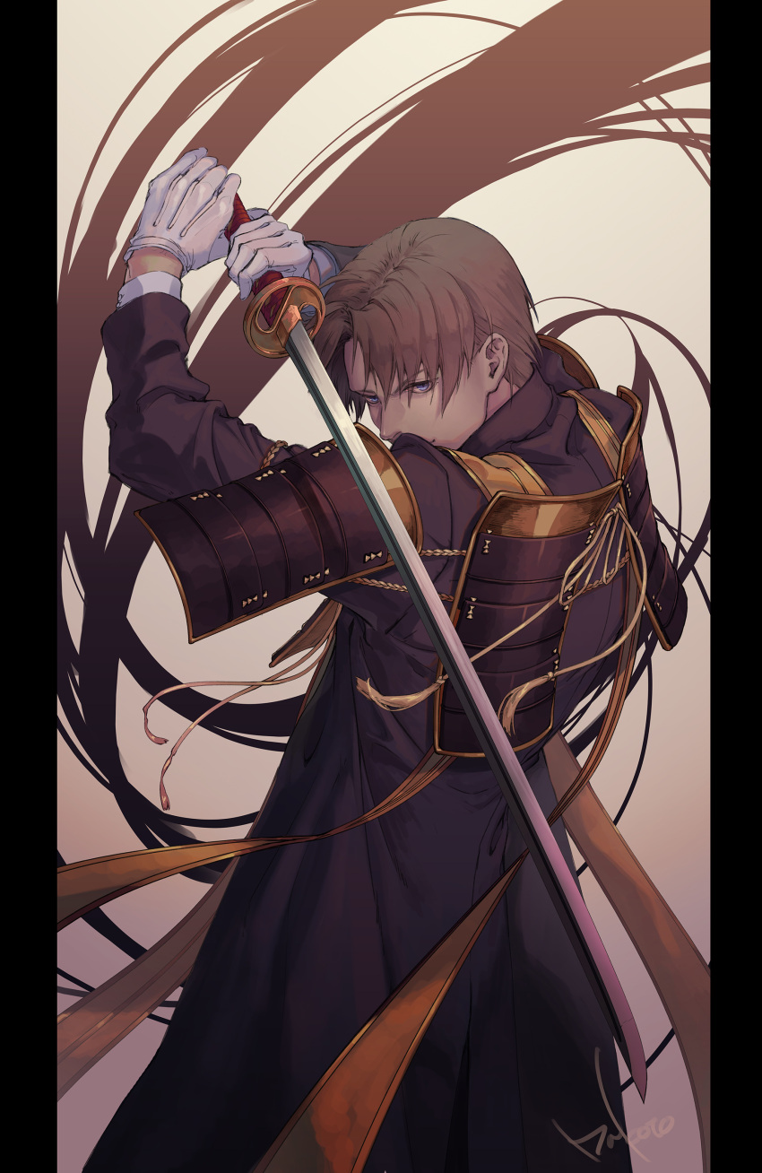 1boy absurdres artist_name bangs black_border black_coat blue_eyes border brown_hair coat collar collared_coat fighting_stance gloves heshikiri_hasebe highres holding holding_sword holding_weapon japanese_clothes katana long_sleeves looking_at_viewer makoto_kohuku male_focus parted_bangs short_hair solo standing sword touken_ranbu weapon white_gloves