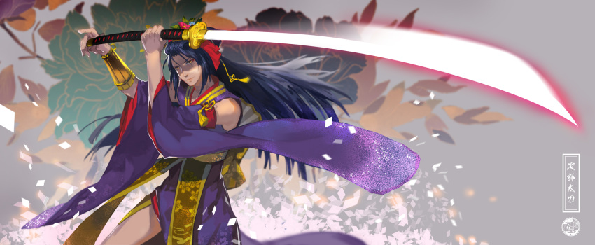 1boy black_hair blue_flower character_name closed_mouth detached_sleeves fighting_stance floral_background flower hair_flower hair_ornament highres holding holding_sword holding_weapon japanese_clothes jirou_tachi leaf long_hair long_sleeves looking_at_viewer male_focus ootachi oshigoto_boshuu otoko_no_ko pink_flower smile solo standing sword touken_ranbu weapon wide_sleeves yellow_eyes
