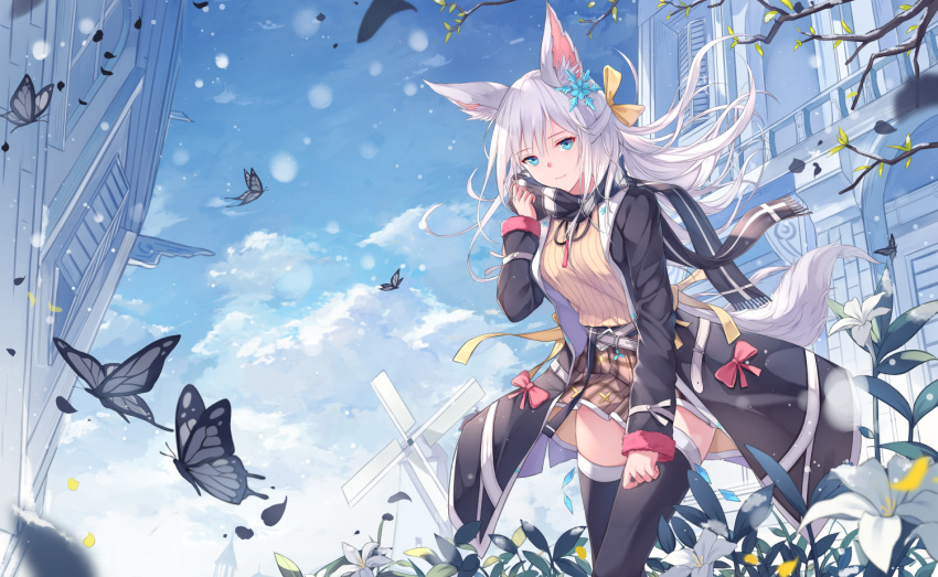 1girl animal_ears belt black_coat black_legwear blue_eyes blue_sky bow brown_skirt bug building butterfly clouds coat day floating_hair flower fox_ears fox_tail fringe_trim fuuro_(johnsonwade) hair_ornament insect long_hair long_sleeves looking_at_viewer miniskirt open_clothes open_coat original outdoors pink_bow plant pleated_skirt ribbed_sweater scarf silver_hair skirt sky smile snowflake_hair_ornament solo sweater tail thigh-highs tree_branch white_flower wind zettai_ryouiki